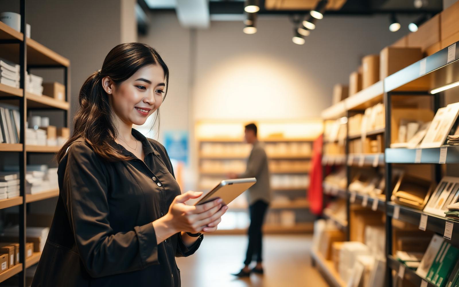Singapore SME owner checking inventory in her retail shop
