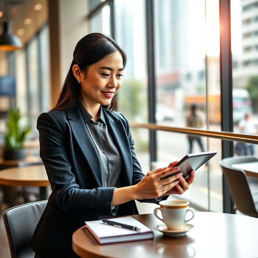 A Singapore professional comparing loan options on a tablet at a city cafe