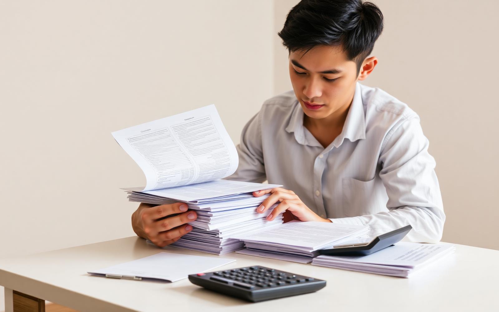 Singaporean man organising financial statements into one tidy stack