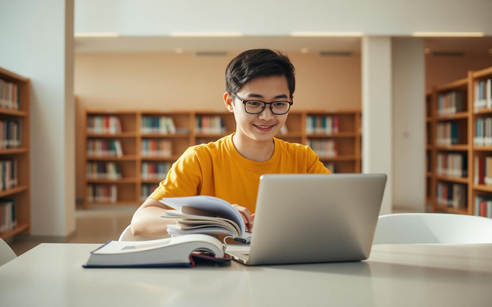 Singaporean student studying with textbooks and a laptop in a library