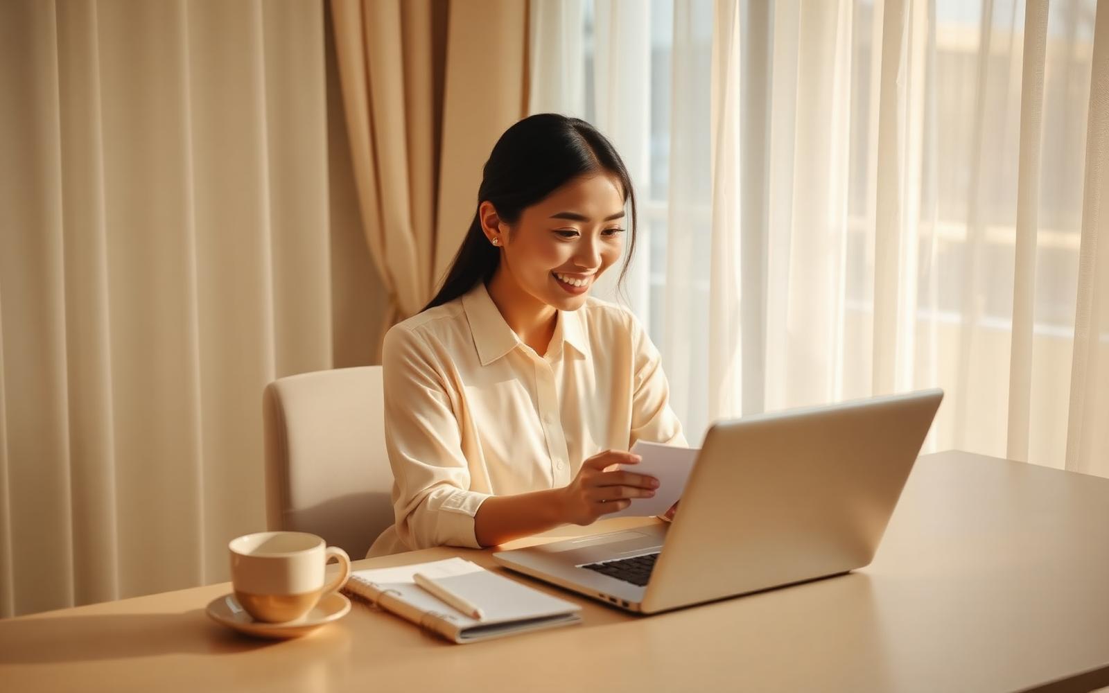 Singaporean professional reviewing her personal finances at home