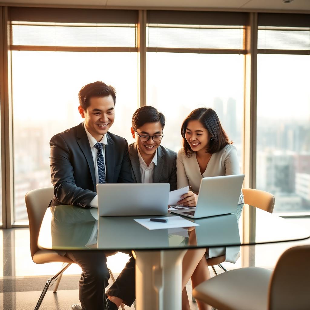 A OneCompare consultant comparing loan options with a couple in a bright Singapore office